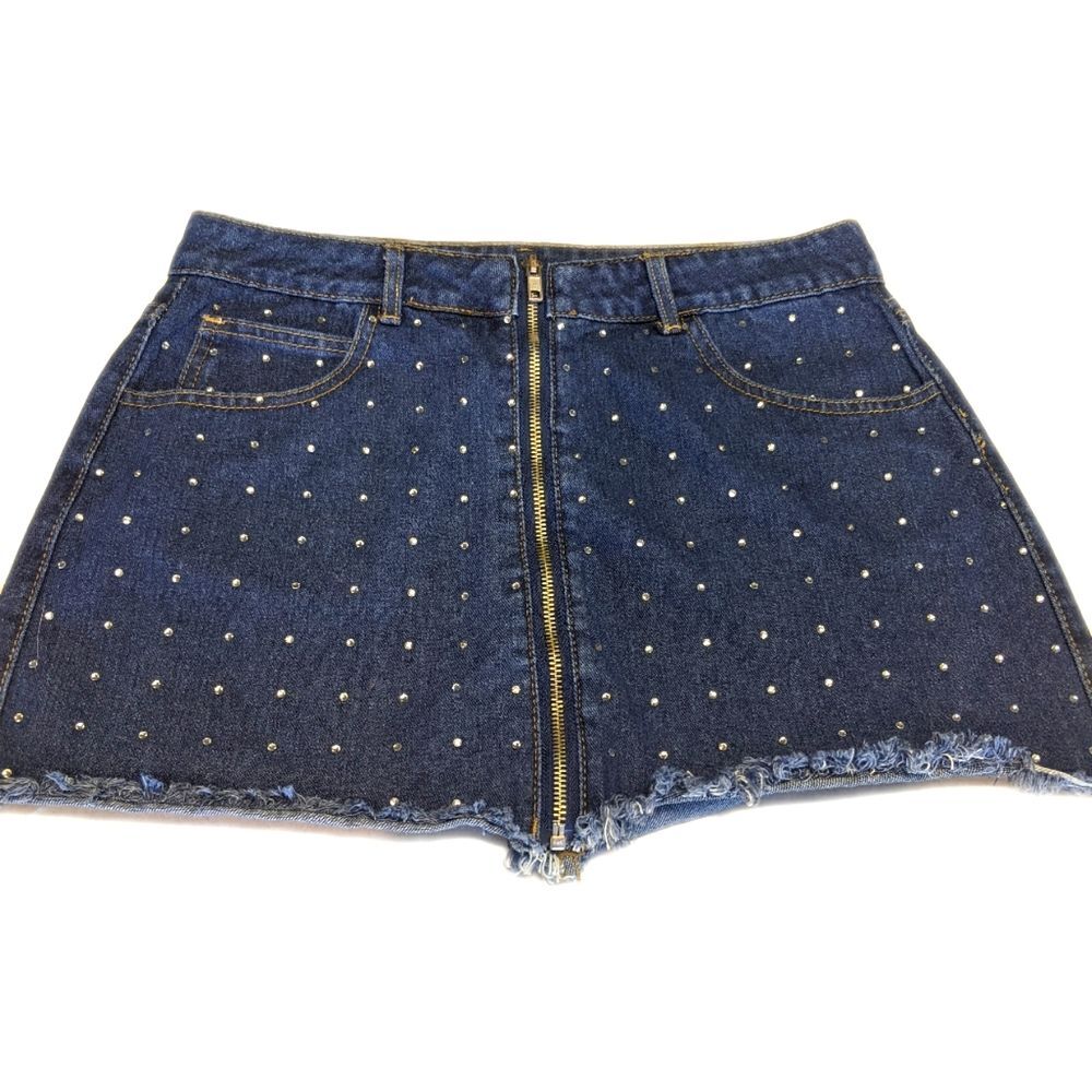 Amazon denim mini skirt with rhinestone embellishments, zip front L